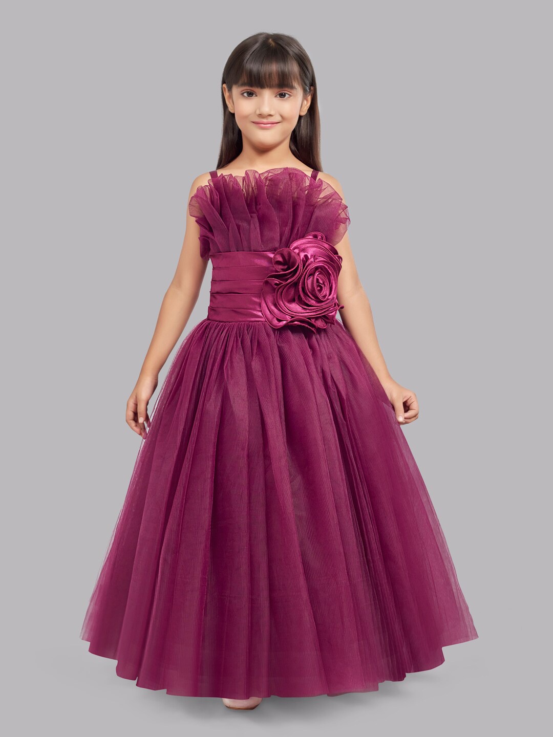 

Pink Chick Burgundy Girls Shoulder Straps Ruffled Tulle Net Fit & Flare Maxi Dress