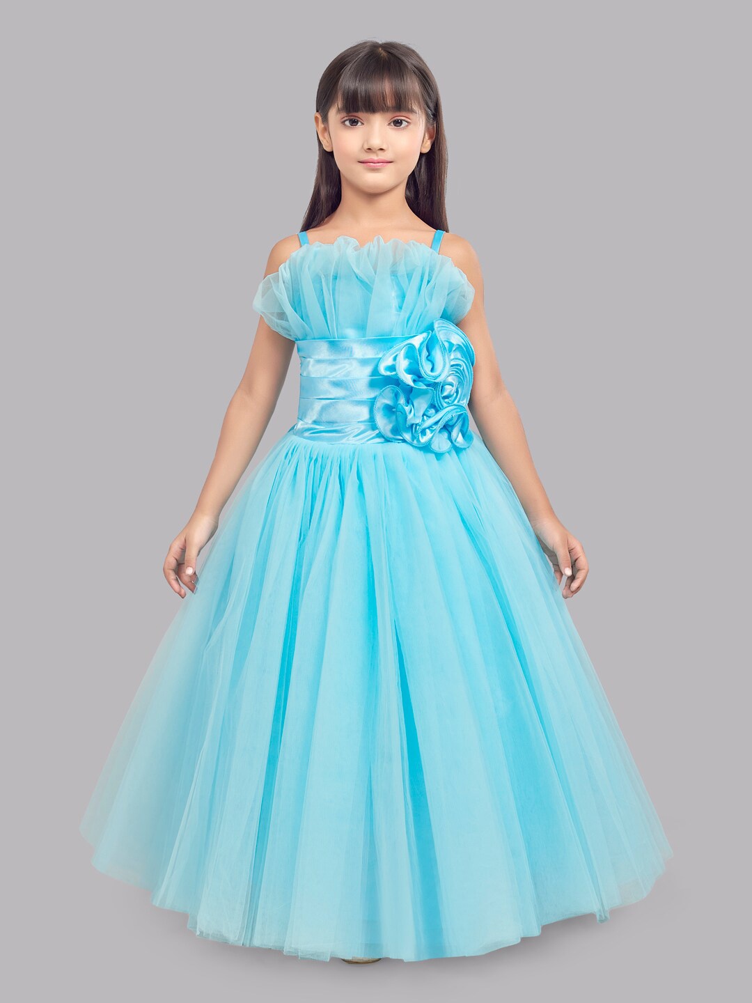 

Pink Chick Girls Shoulder Strap Ruffled Tulle Net Maxi Gown, Turquoise blue