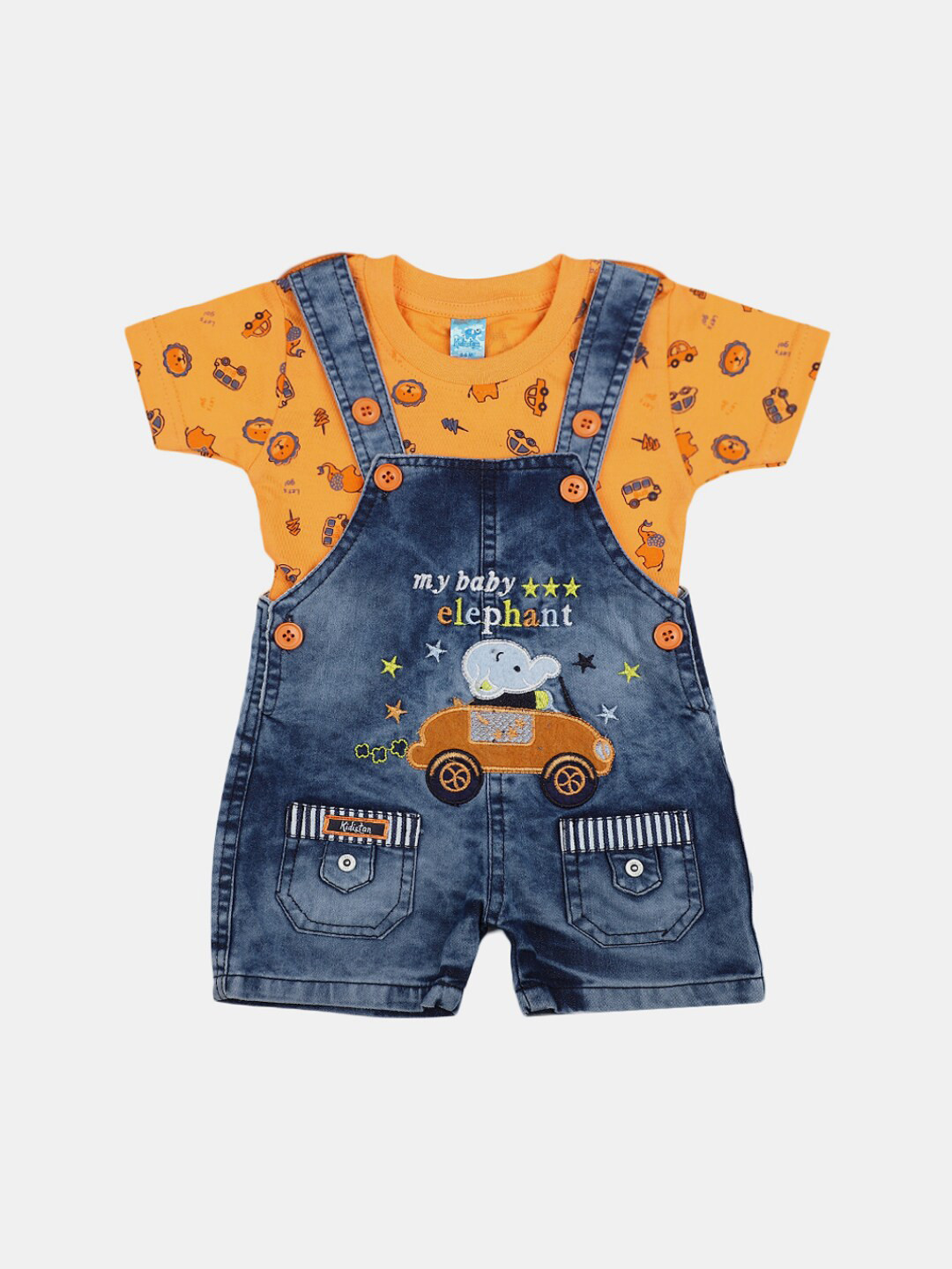 

V-Mart Infant Kids Printed Pure Cotton Knit-Denim T-shirt With Dungaree, Orange