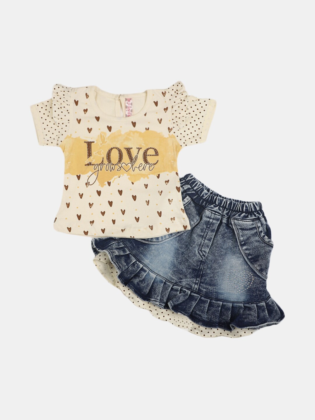 

V-Mart Infant Girls Printed Cotton Top with Skirt, Yellow