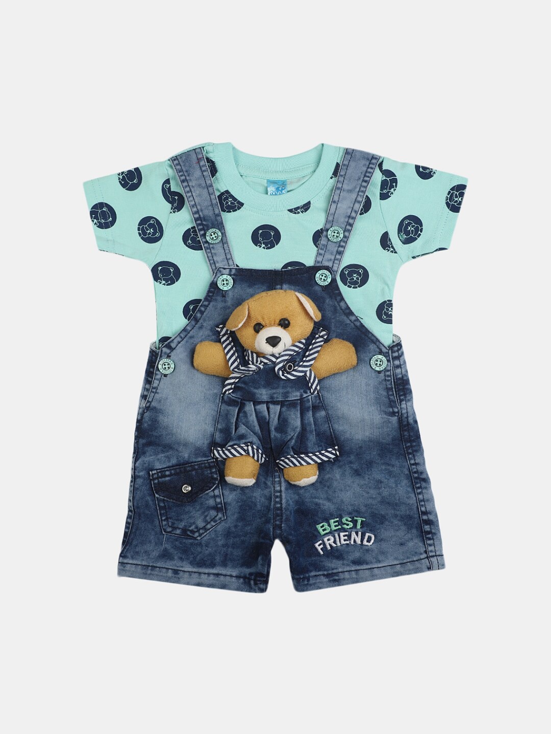 

V-Mart Infant Kids Printed Pure Cotton T-Shirt with Dungaree, Green