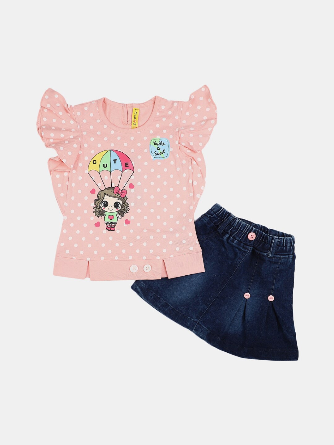 

V-Mart Infant Girls Printed Pure Cotton T-shirt With Knit-Denim Skirt, Peach