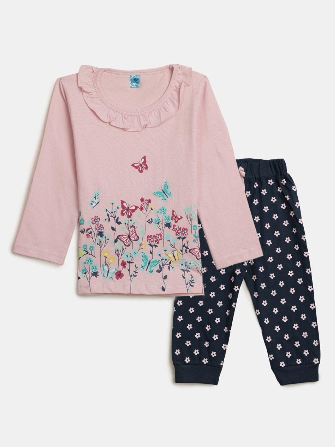 

V-Mart Infant Girls Printed Cotton Knit-Knit Round Neck T-shirt with Trousers, Pink