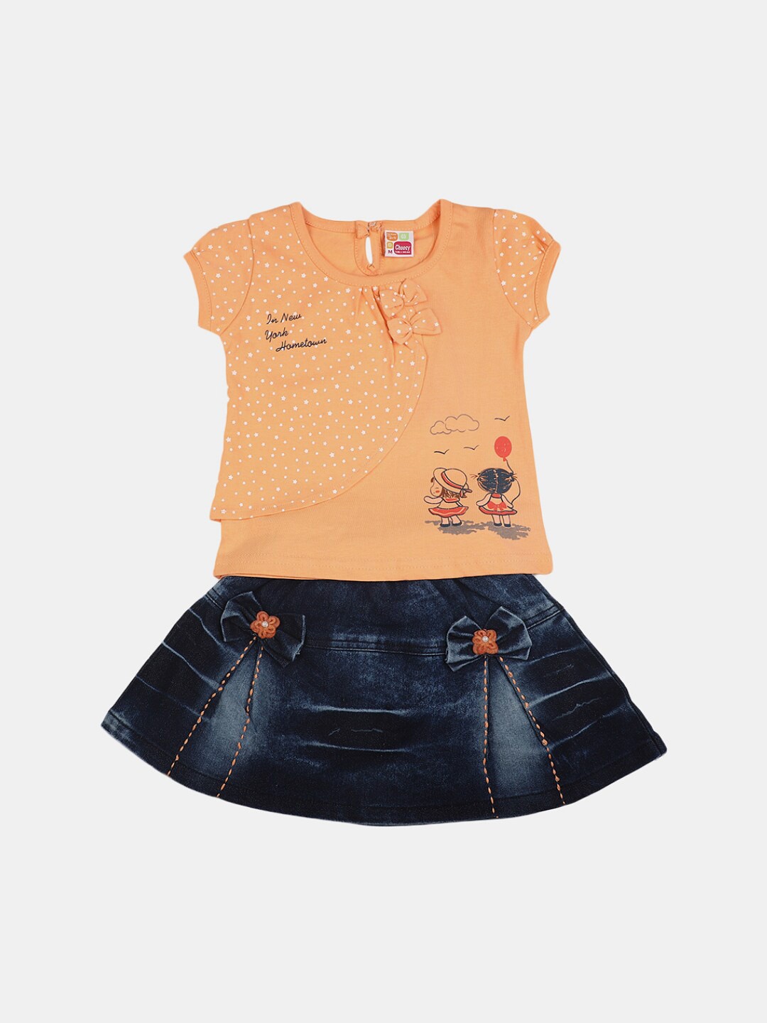 

V-Mart Infant Girls Printed Pure Cotton Top With Skirt, Peach