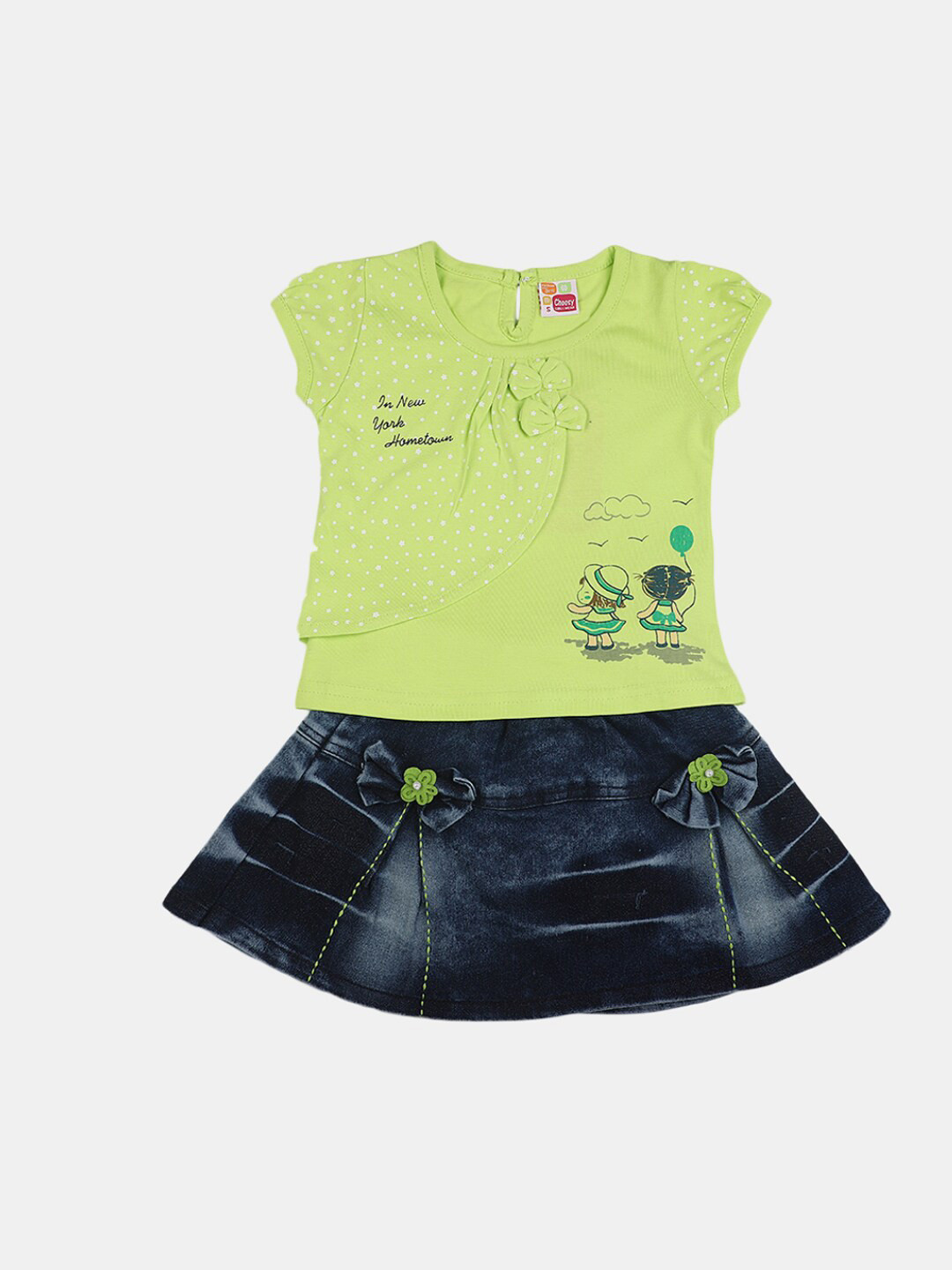 

V-Mart Infant Girls Printed Pure Cotton Top With Self Design Skirt, Green