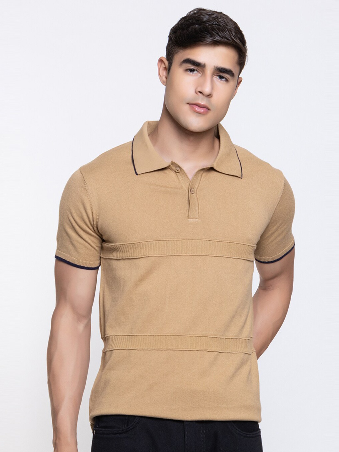 

ARMISTO Polo Collar Pure Cotton Knit Textured T-shirt, Khaki