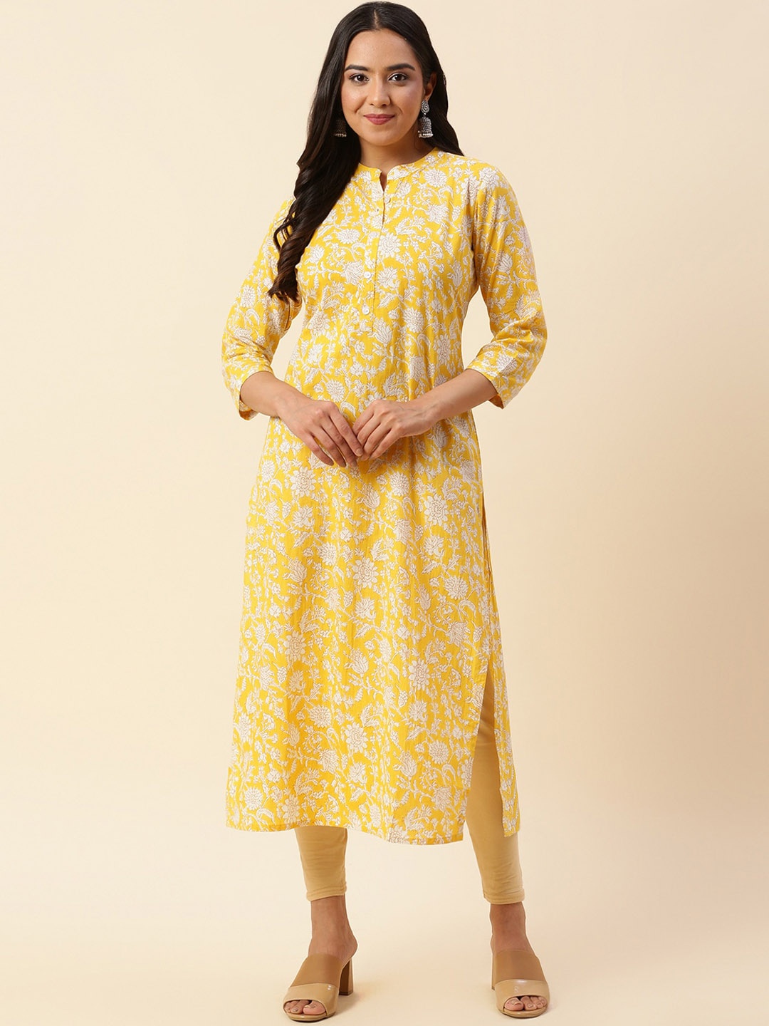 

Meena Bazaar Floral Printed Band Collar Pure Cotton Kurta, Yellow