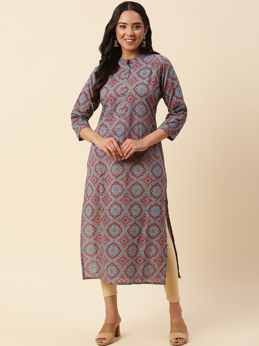 

Meena Bazaar Ethnic Motifs Printed Mandarin Collar Kurta, Brown