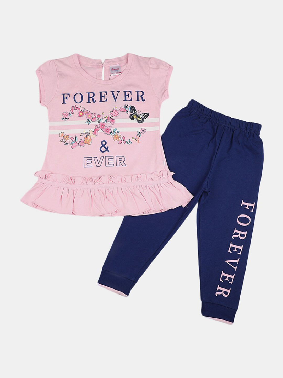 

V-Mart Girls Graphic Printed Pure Cotton Top With Trousers, Pink