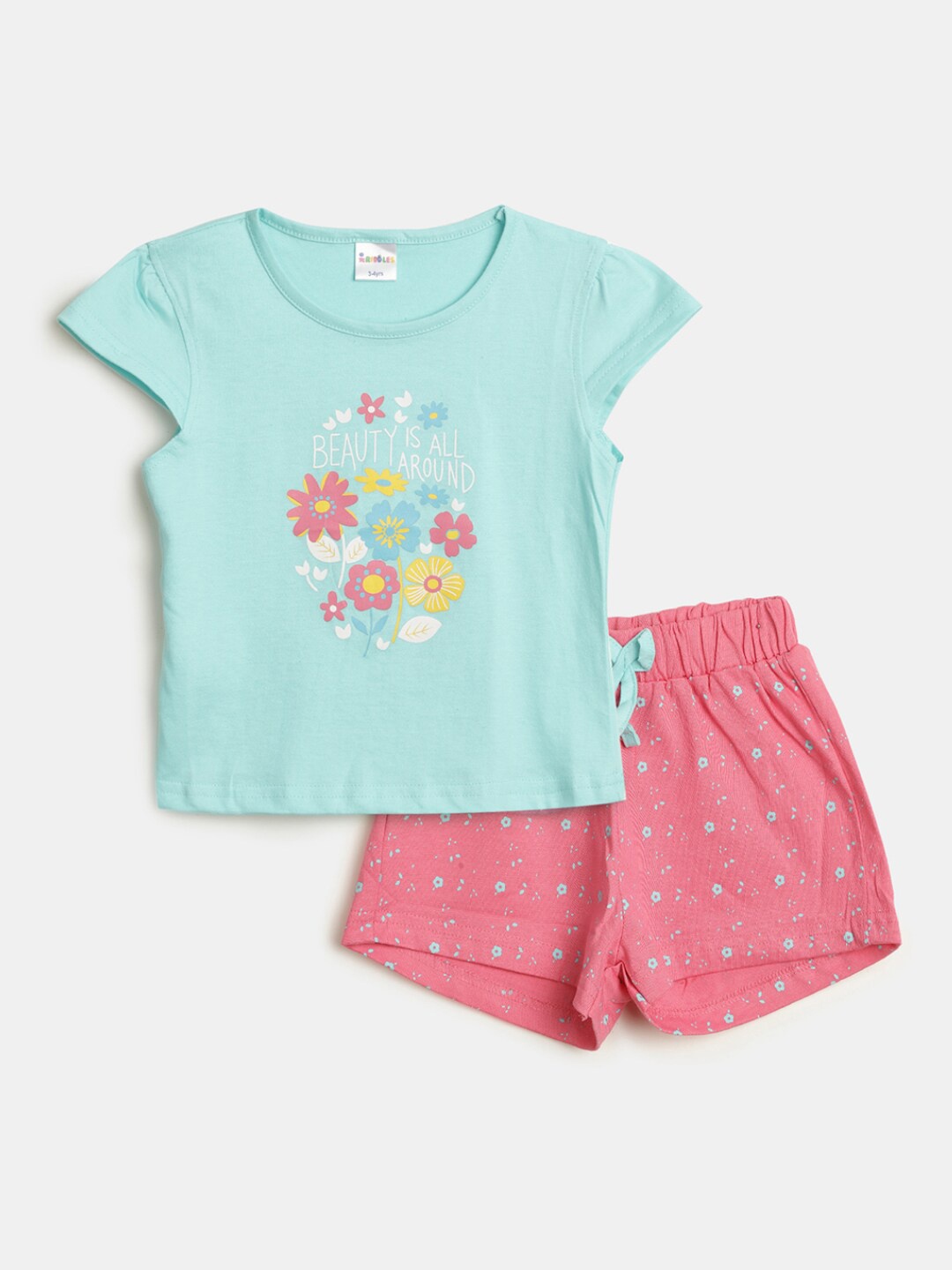 

V-Mart Infant Girls Printed Cotton Top with Shorts, Sea green