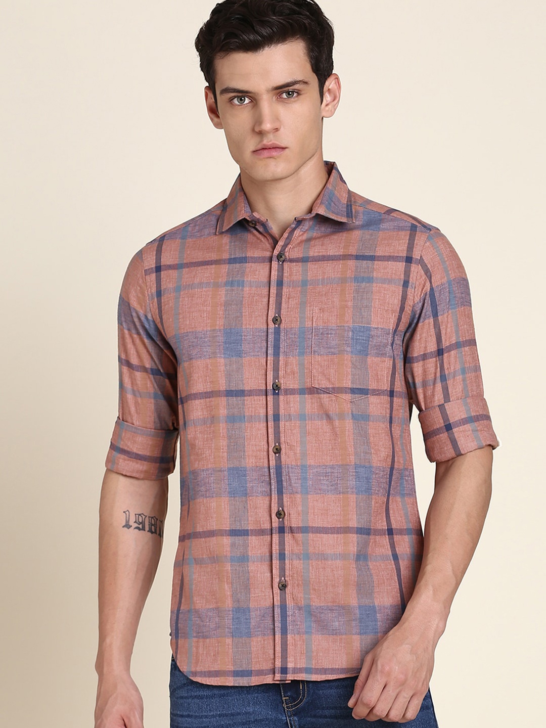 

Dennis Lingo Checks Slim Fit Cotton Casual Shirt, Red