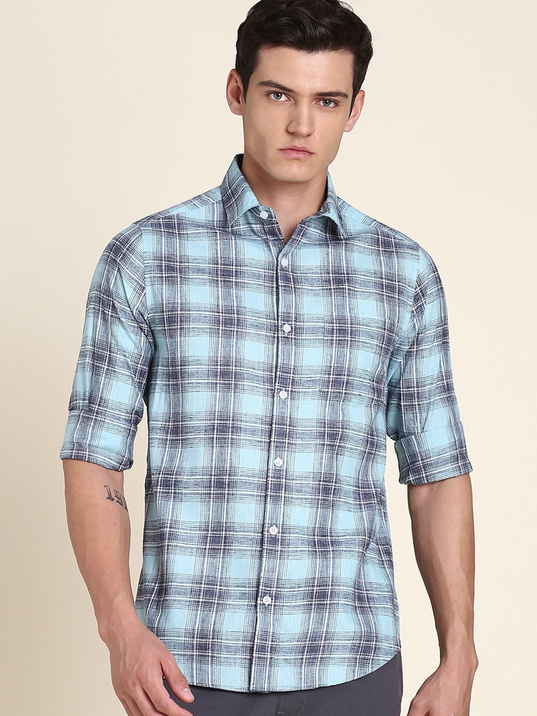 

Dennis Lingo Tartan Checks Slim Fit Cotton Casual Shirt, Blue