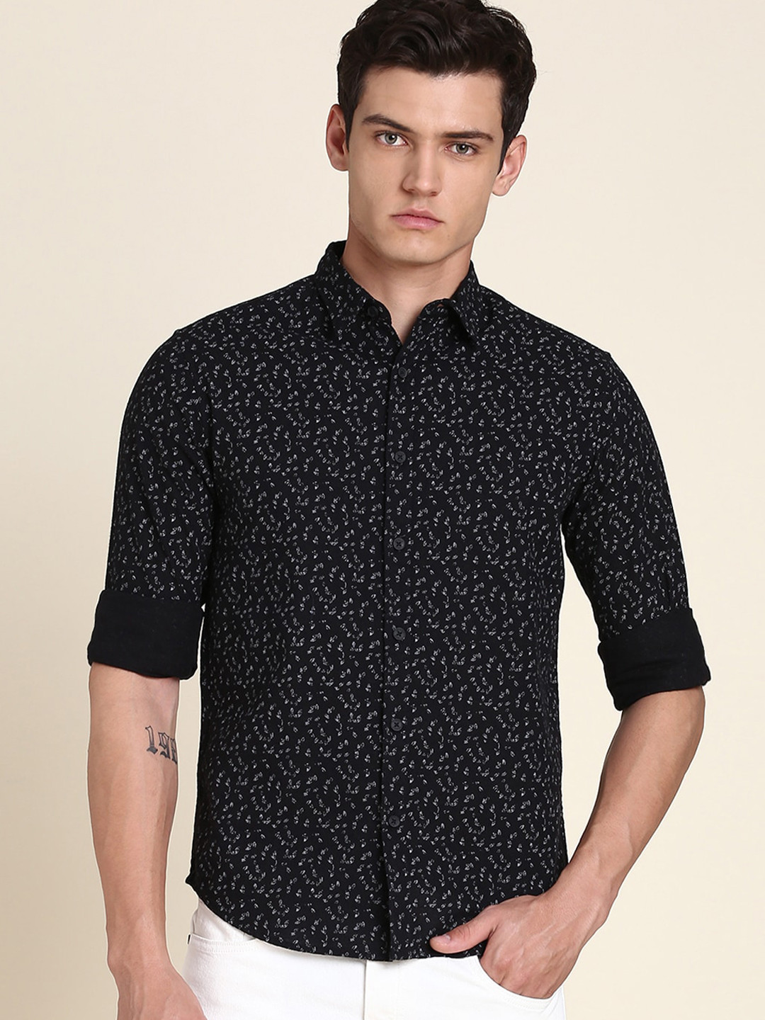 

Dennis Lingo Printed Slim Fit Cotton Casual Shirt, Black