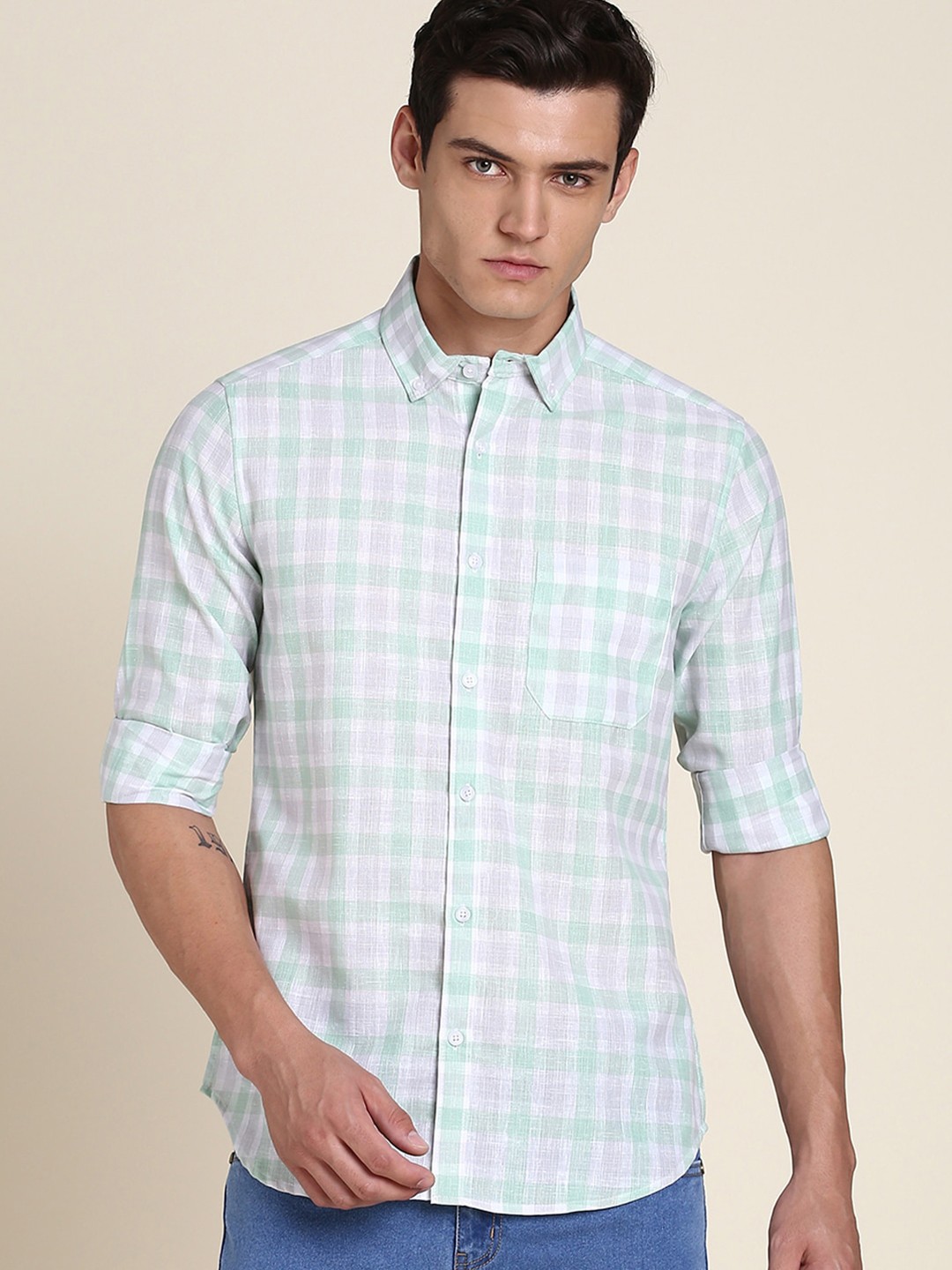 

Dennis Lingo Gingham Checks Slim Fit Cotton Casual Shirt, Green