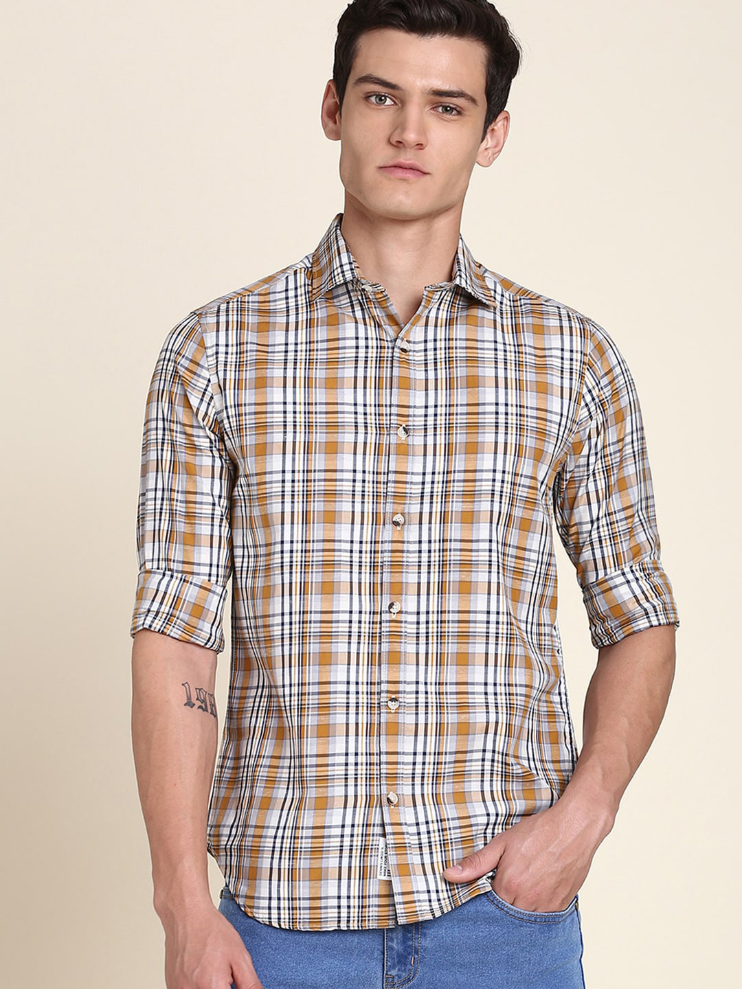 

Dennis Lingo Spread Collar Slim Fit Tartan Checked Pure Cotton Casual Shirt, Mustard