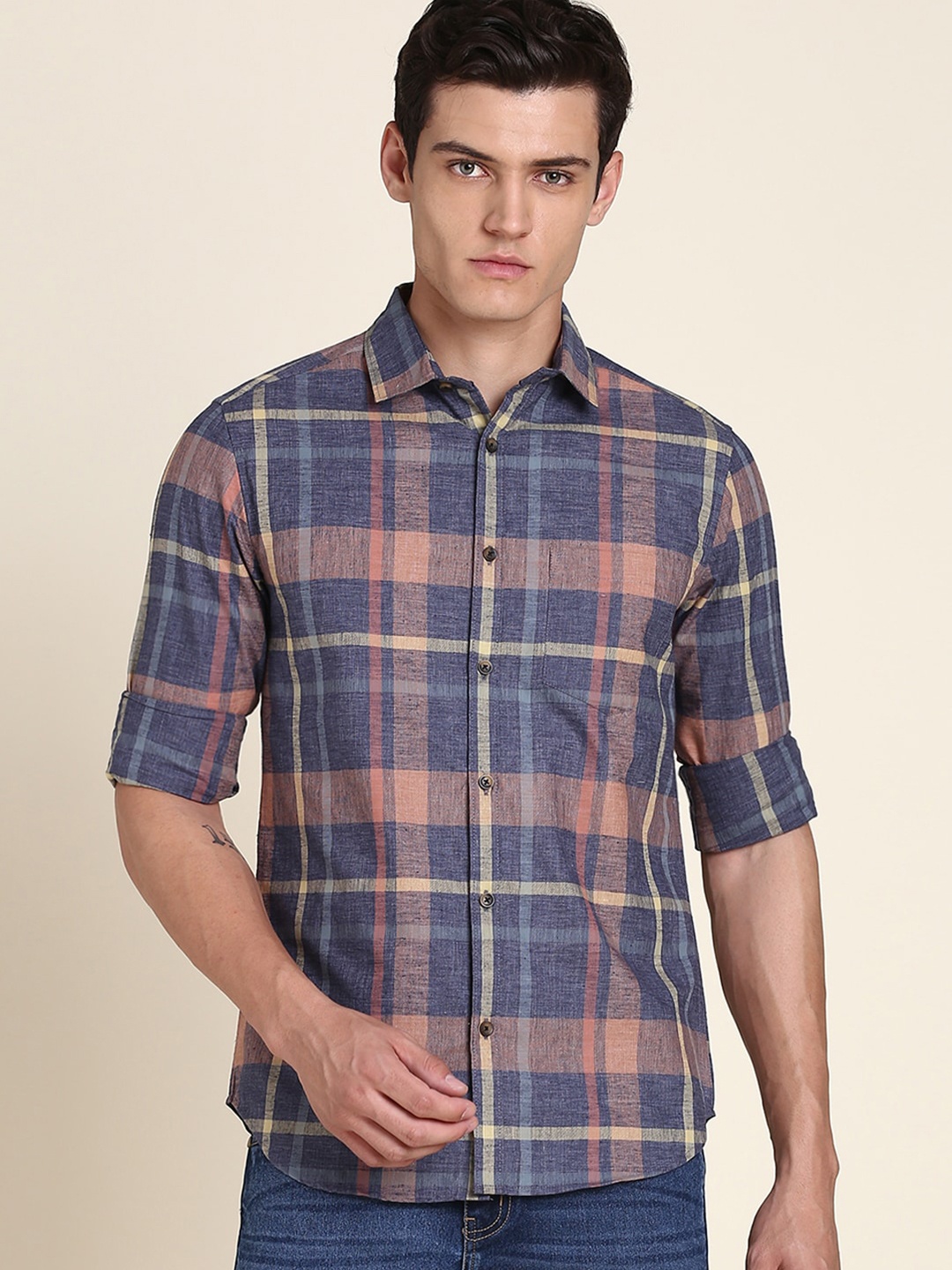 

Dennis Lingo Checks Slim Fit Cotton Casual Shirt, Blue