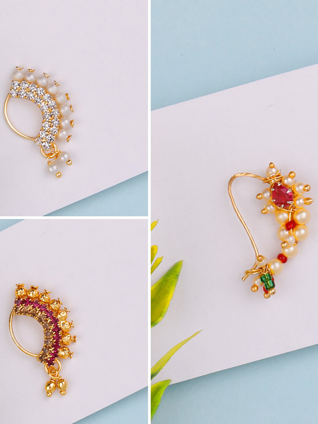 

Silver Shine Pack of 3 Gold-Plated Stone-Studded & Pearl Beaded Clip-On Nosepin, Pink