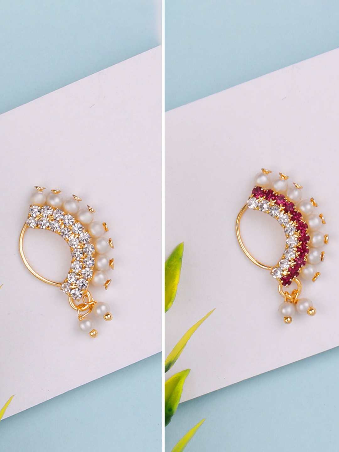 

Silver Shine Pack of 2 Gold-Plated Stone-Studded Clip-On Nosering, White