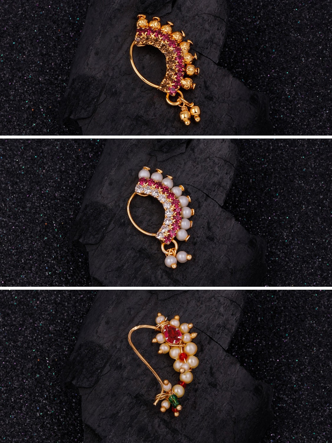 

Silver Shine Pack of 3 Gold-Plated Stone-Studded Maharashtrian Nath, Red