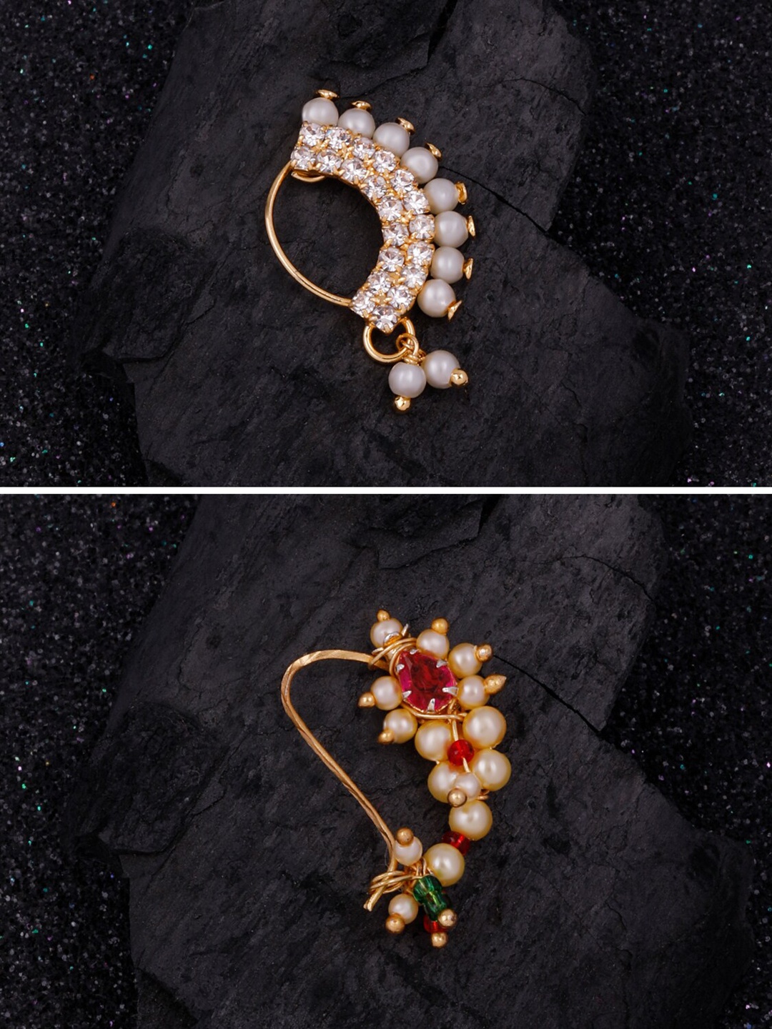 

Silver Shine Set Of 2 Gold-Plated Stone-Studded Clip-On Nosepins, White