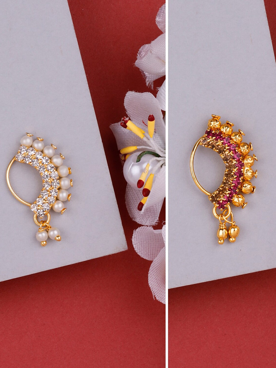 

Silver Shine Pack of 2 Gold-Plated Stone-Studded & Pearl Beaded Clip-On Nosepin, Pink