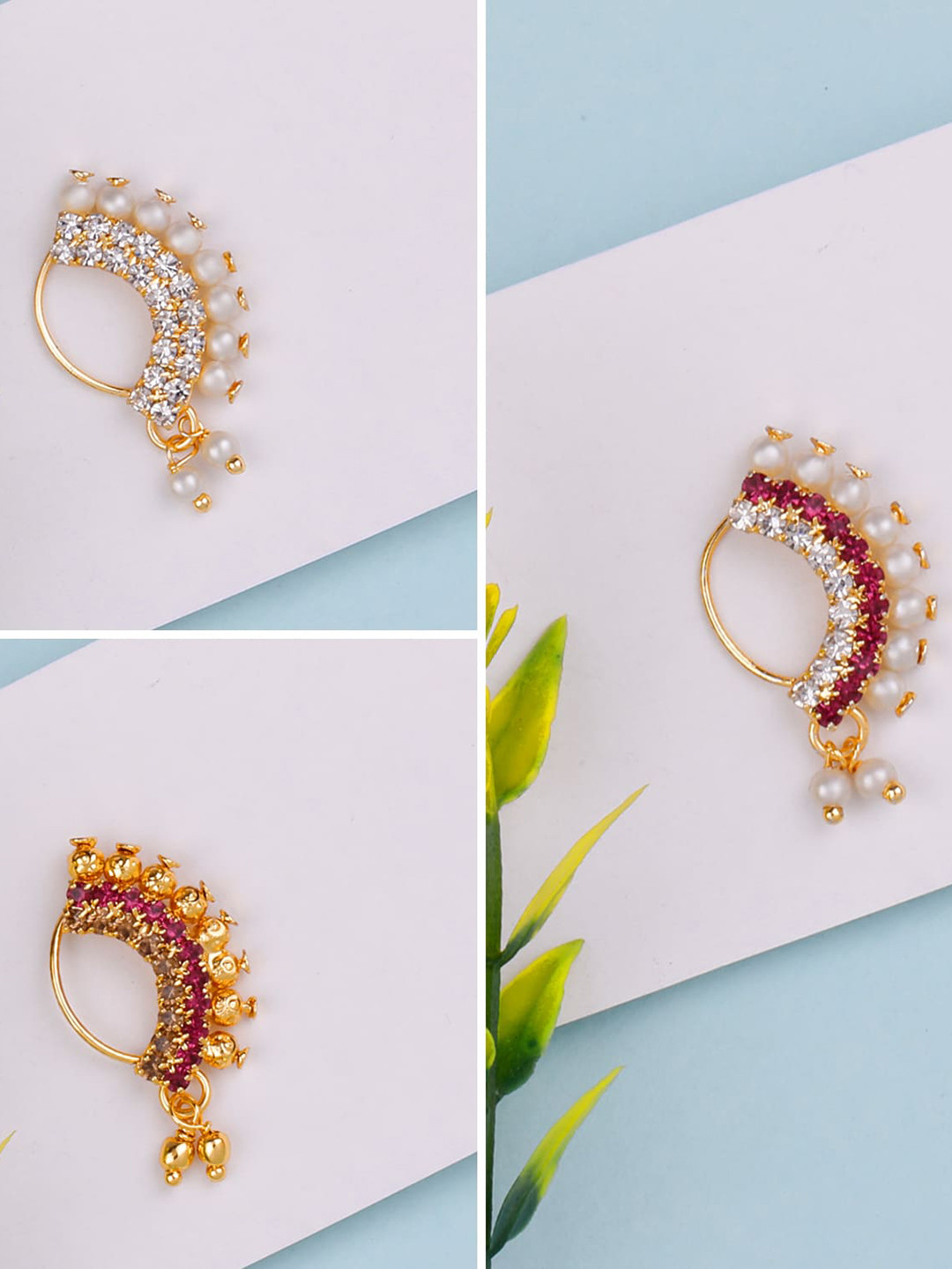 

Silver Shine Pack of 3 Gold-Plated Stone-Studded Maharashtrian Nath Alloy Nosepin
