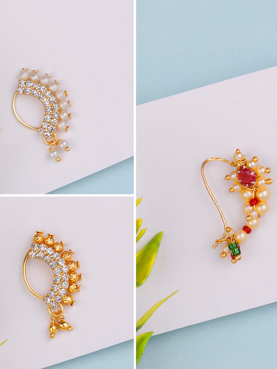 

Silver Shine Pack of 3 Gold-Plated Stone-Studded & Pearl Beaded Clip-On Nosepin, Red