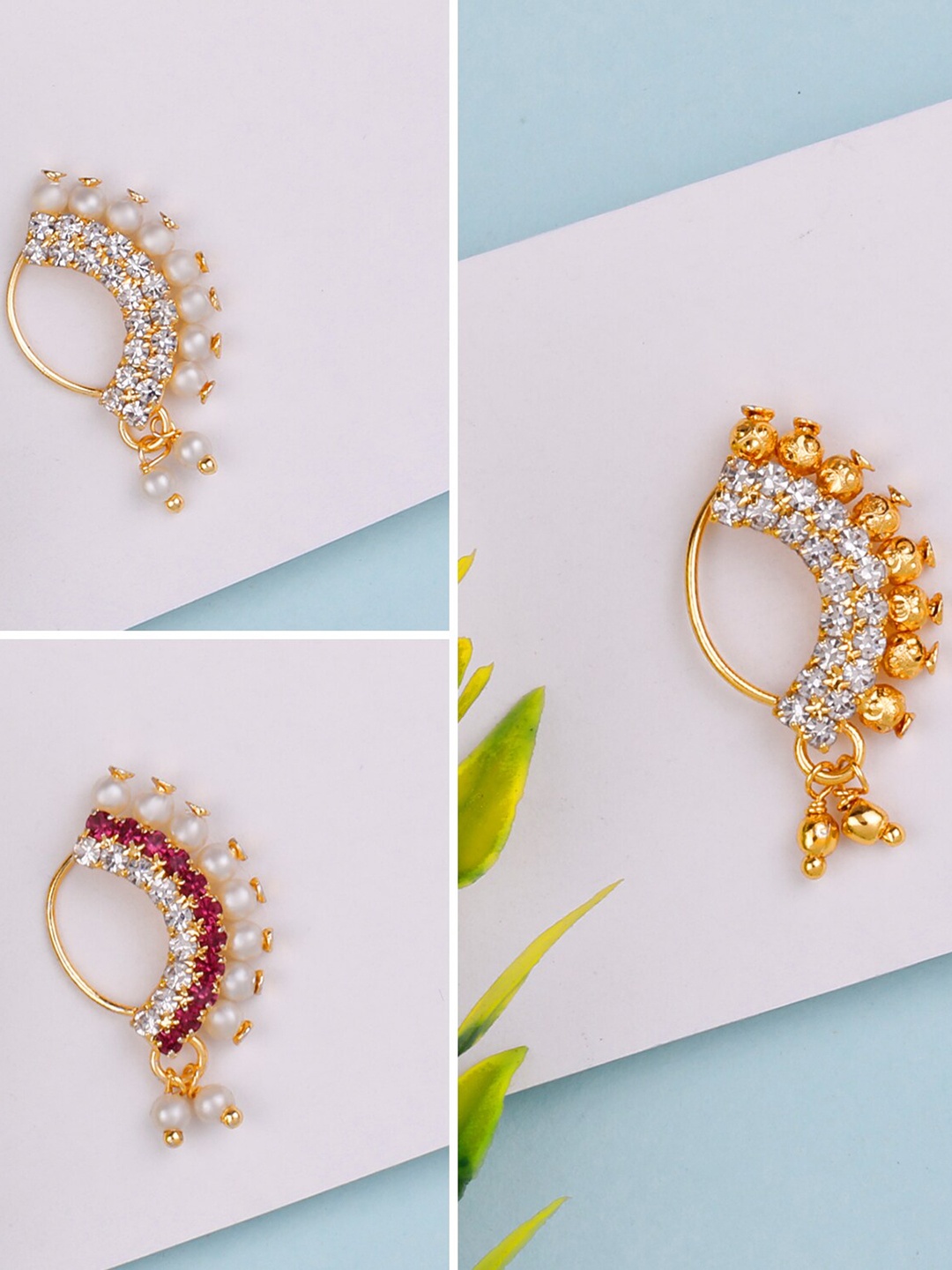 

Silver Shine Pack of 3 Gold-Plated Stone-Studded & Pearl Beaded Clip-On Nosepin, Pink