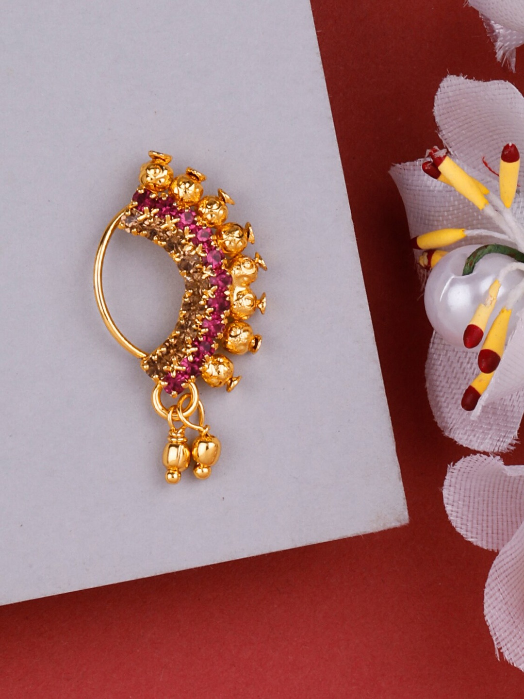 

Silver Shine Gold-Plated Stones-Studded Nosepin, Pink