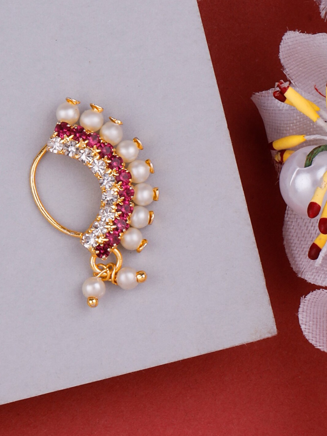 

Silver Shine Gold-Plated Stone-Studded Clip-On Nosering, Red