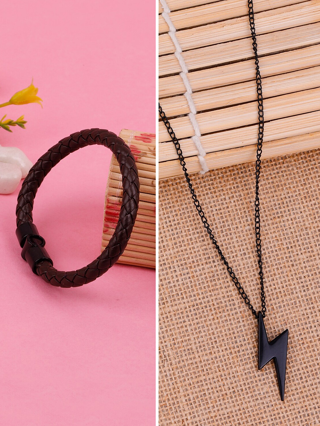 

Silver Shine Link Pendant Chain with Leather Bracelet, Black