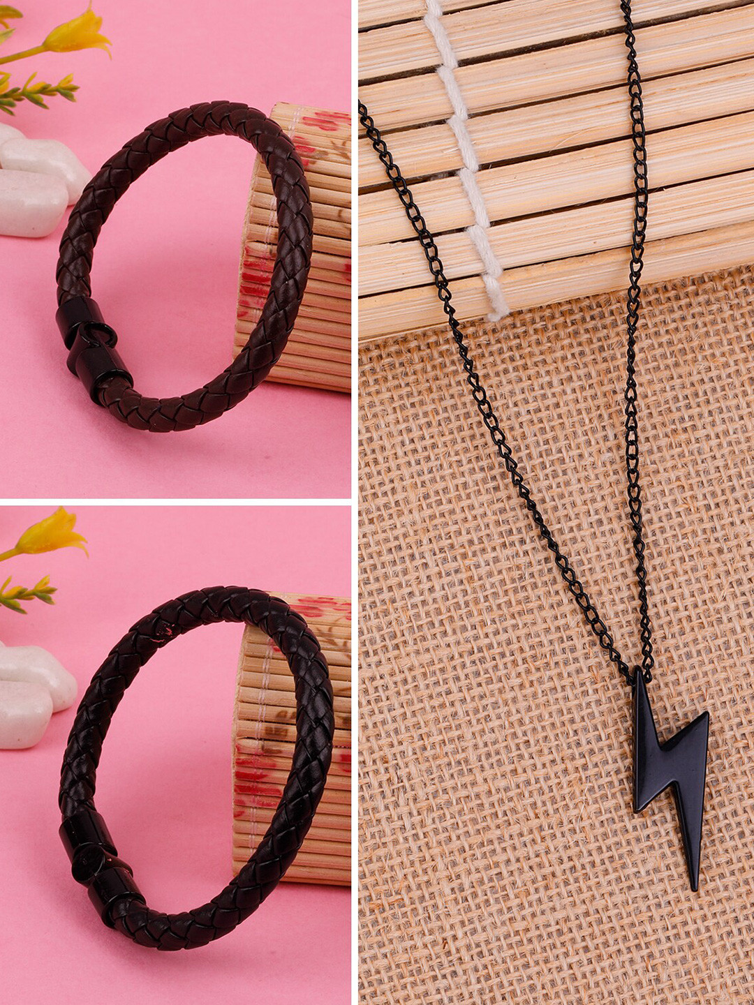 

Silver Shine Link Pendant Chain with Leather Bracelets, Black