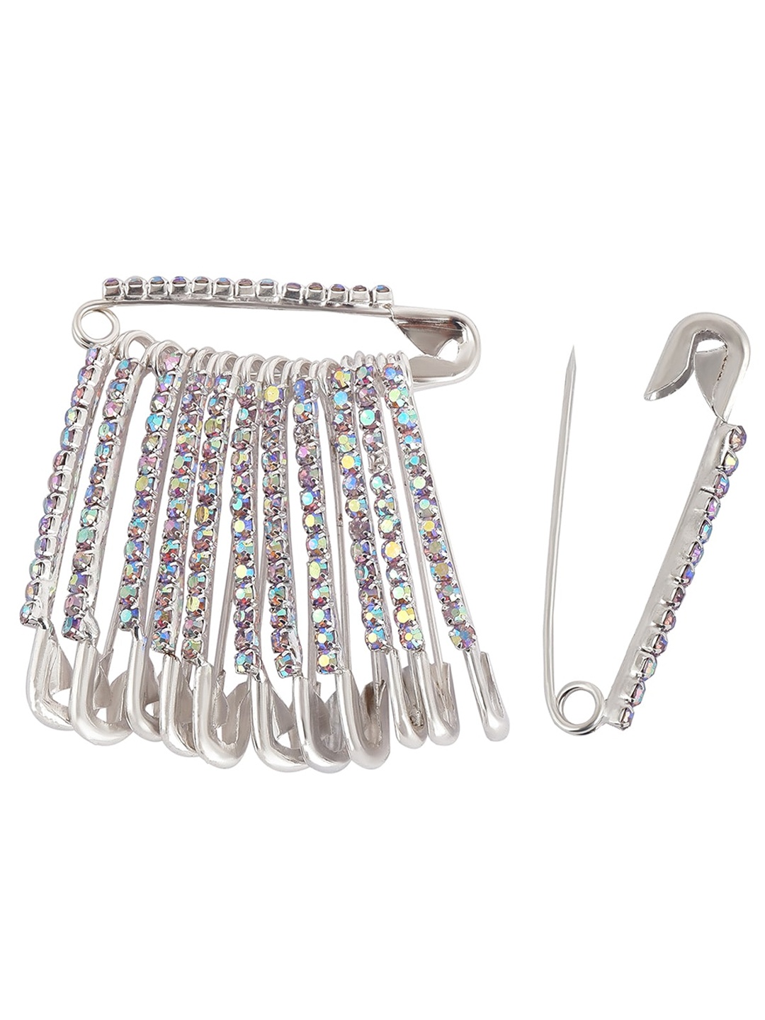 

VAMA Set Of 12 Silver-Plated Rhinestone Stone Studded Silver Safety Saree Pin Brooches, White