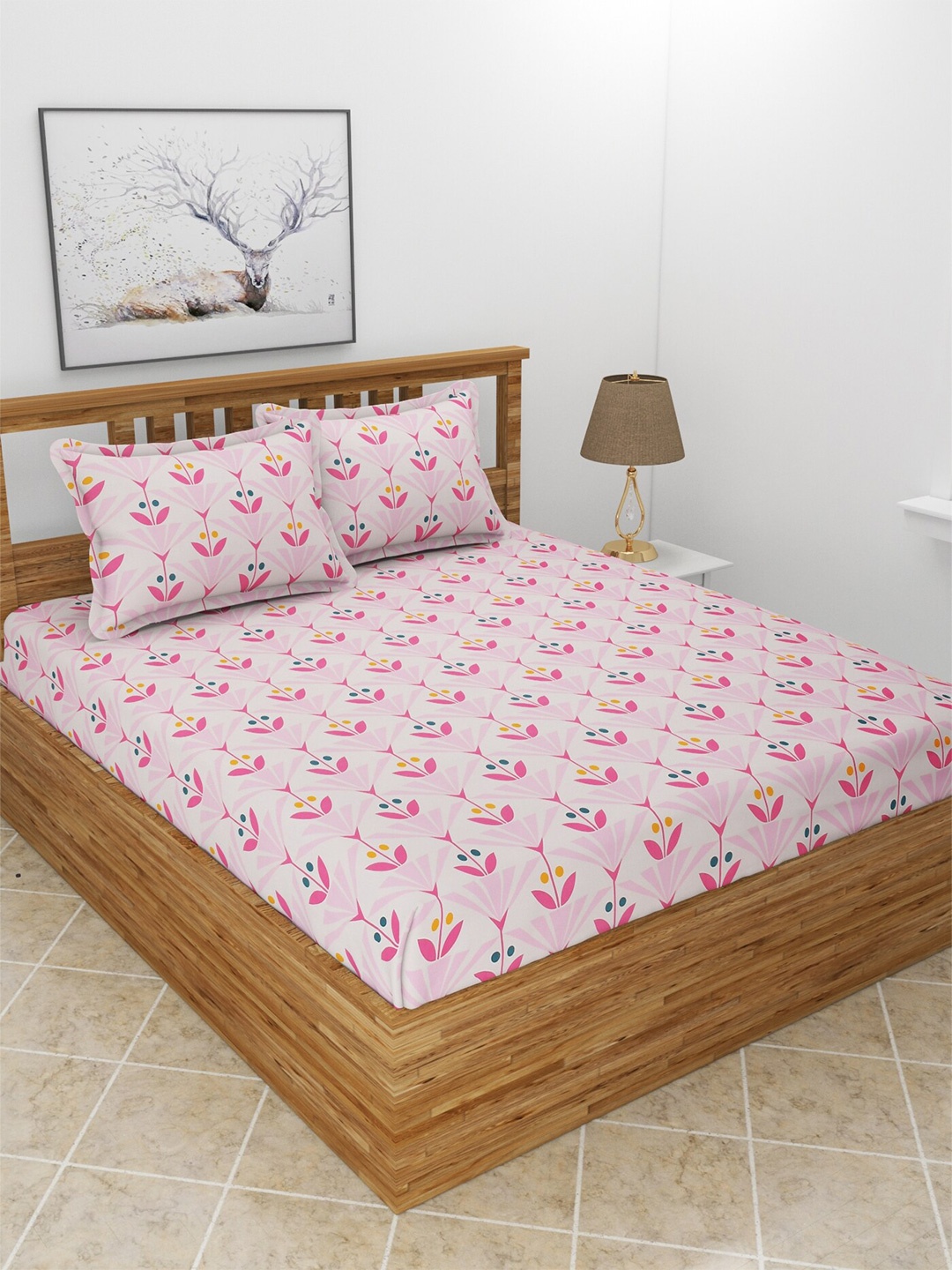 

MORADO Snow Pink & Yellow Floral Printed 210 TC Queen Bedsheet & Pillow Covers