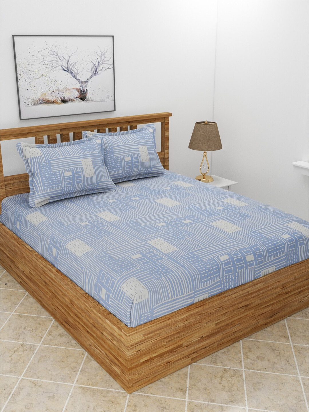 

MORADO Snow Blue & White Geometric Printed 210 TC Queen Bedsheet & Pillow Covers