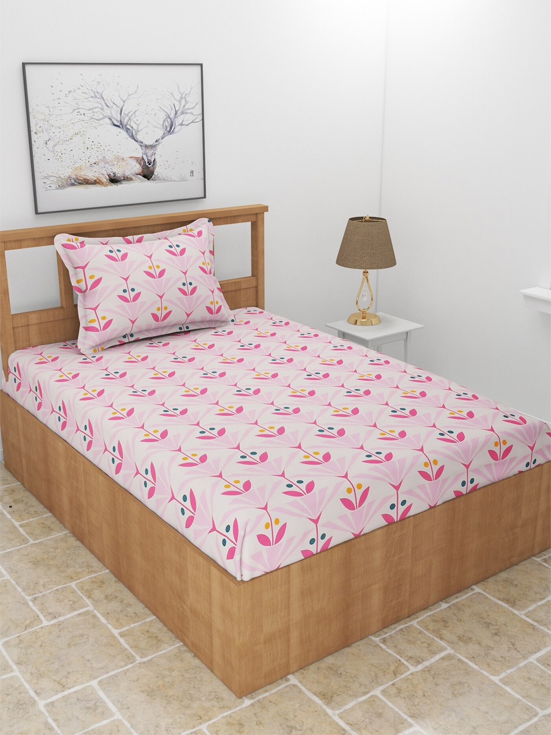

MORADO Snow Pink & Black Ethnic Motifs Printed 210 TC Single Bedsheet & Pillow Cover