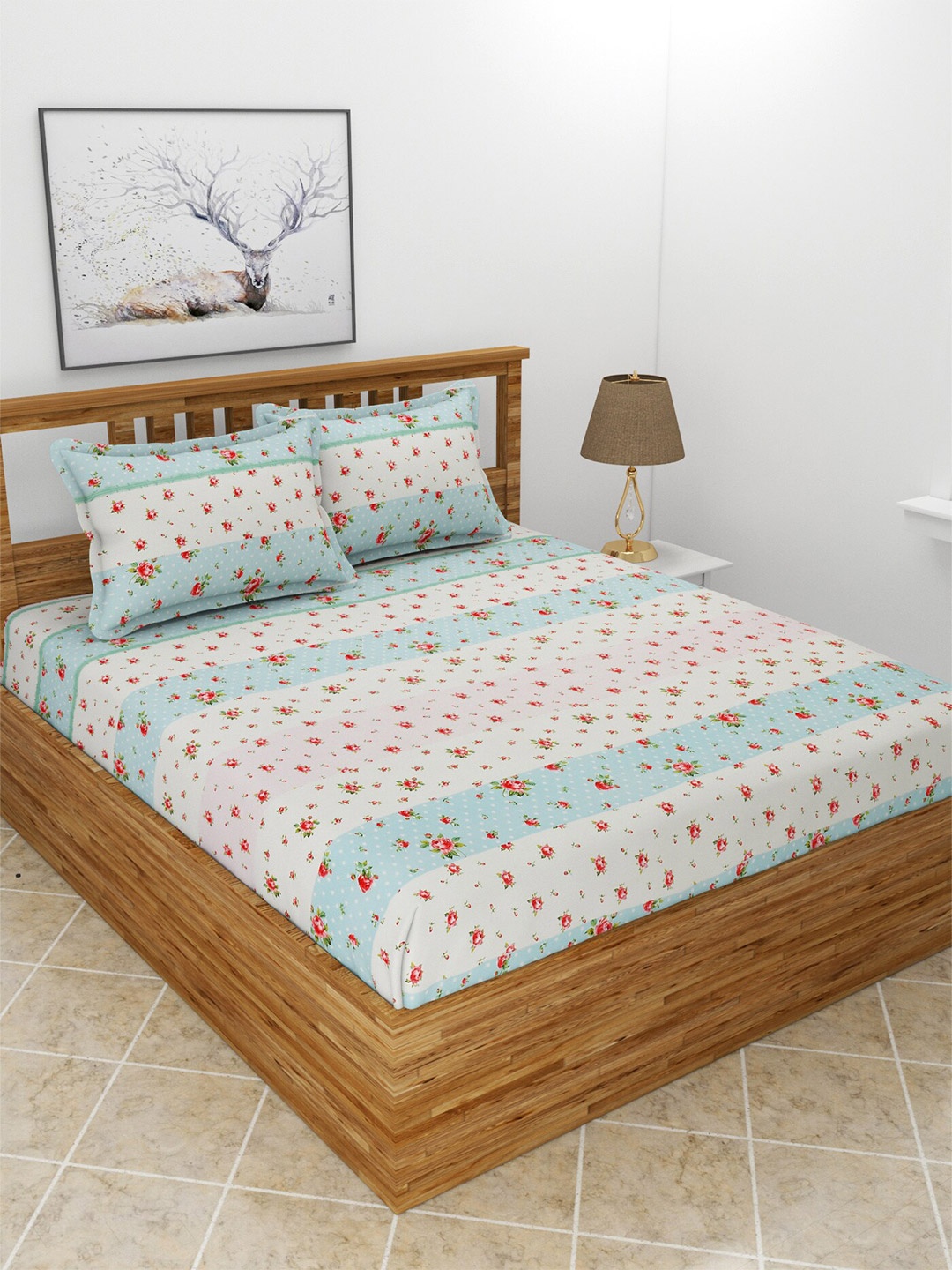 

MORADO Snow Off White & Blue Floral Printed 210 TC Queen Bedsheet & Pillow Covers