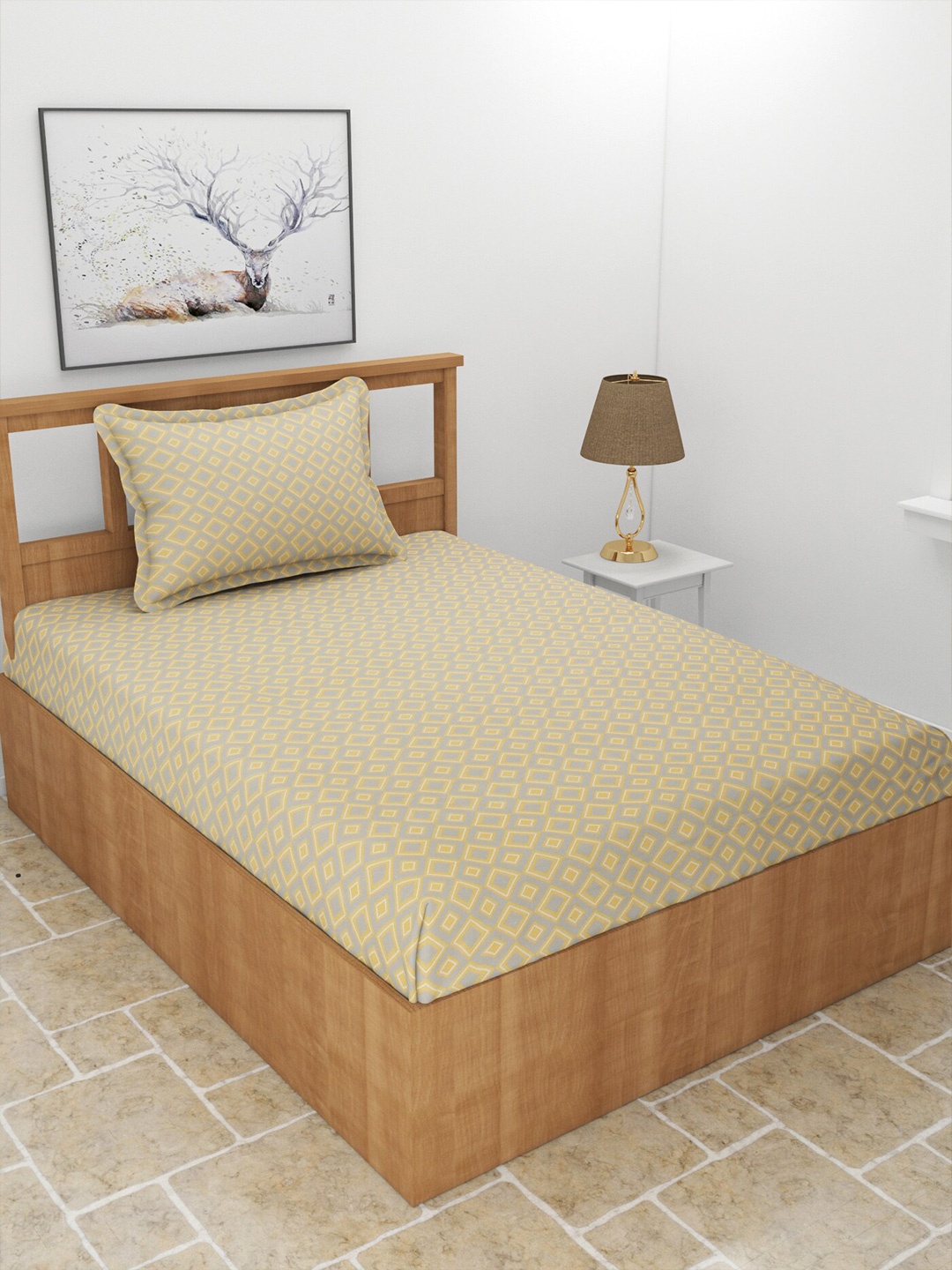 

MORADO Maple Beige & Grey Geometric Printed 210 TC Single Bedsheet & Pillow Cover