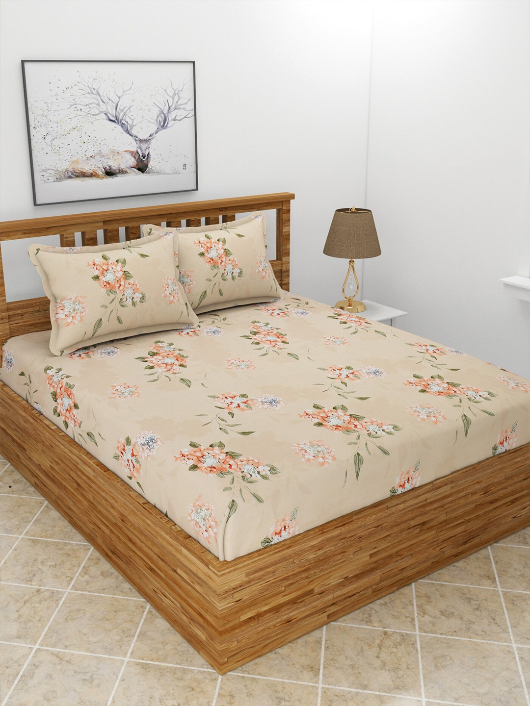 

MORADO Maple Beige & Peach-Coloured Floral Printed 210 TC Queen Bedsheet & Pillow Covers