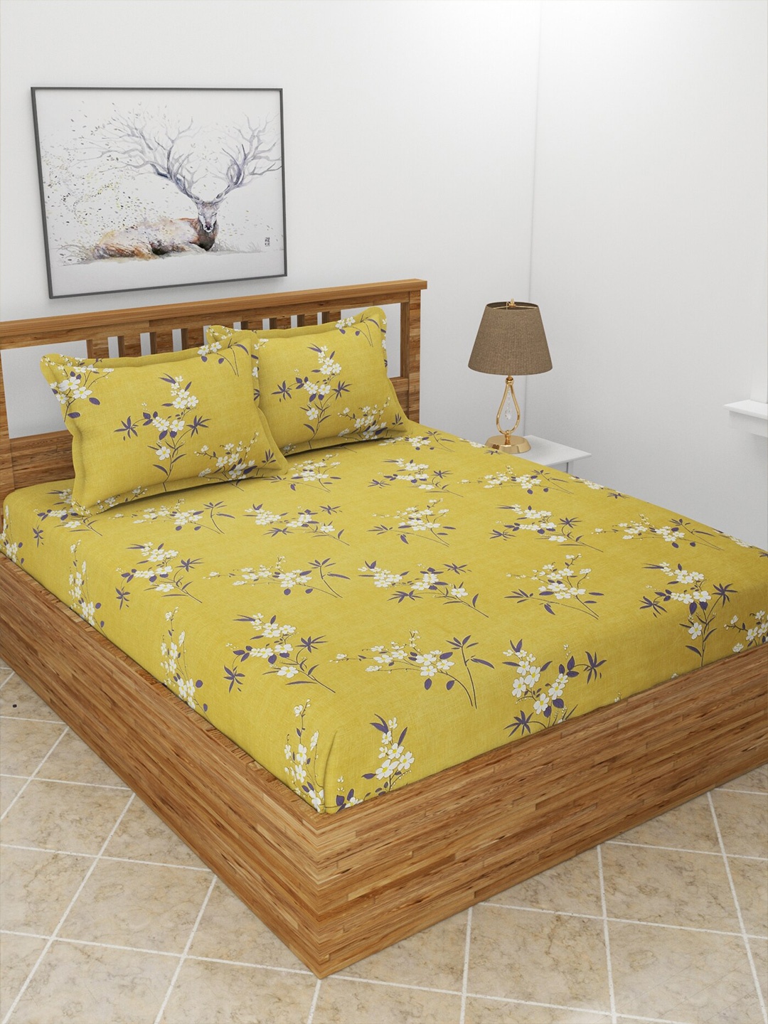

MORADO Maple Green & White Floral Printed 210 TC Queen Bedsheet & Pillow Covers