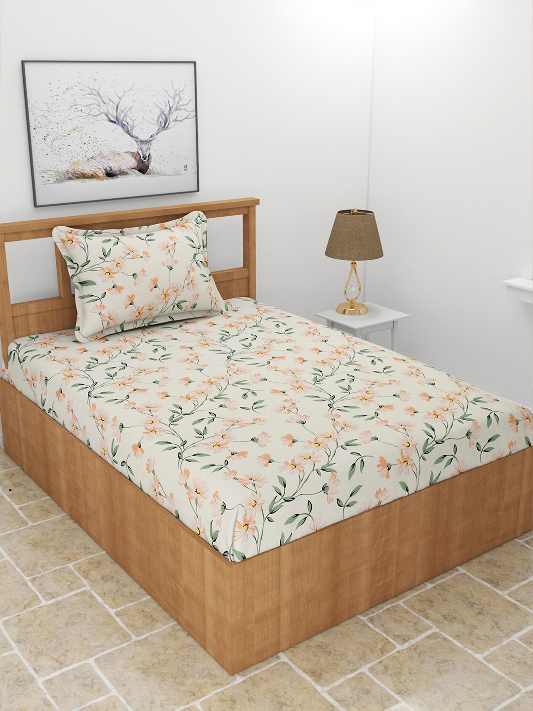 

MORADO Snow Cream-Coloured Floral Printed 210 TC Single Bedsheet & Pillow Cover