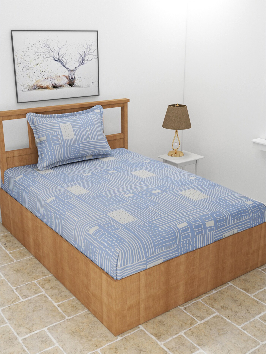 

MORADO Snow Blue & White Geometric Printed 210 TC Single Bedsheet & Pillow Cover