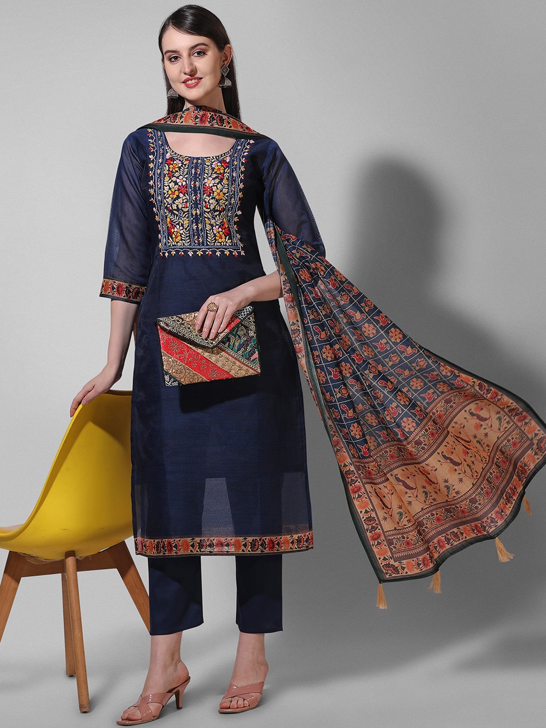 

Berrylicious Floral Embroidered Chanderi Cotton Kurta with Trousers & Dupatta, Navy blue