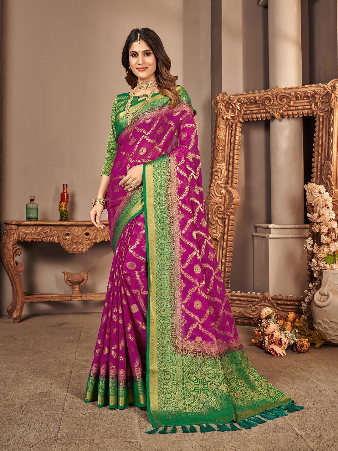 

elora Ethnic Motif Woven Design Zari Pure Georgette Banarasi Saree, Purple