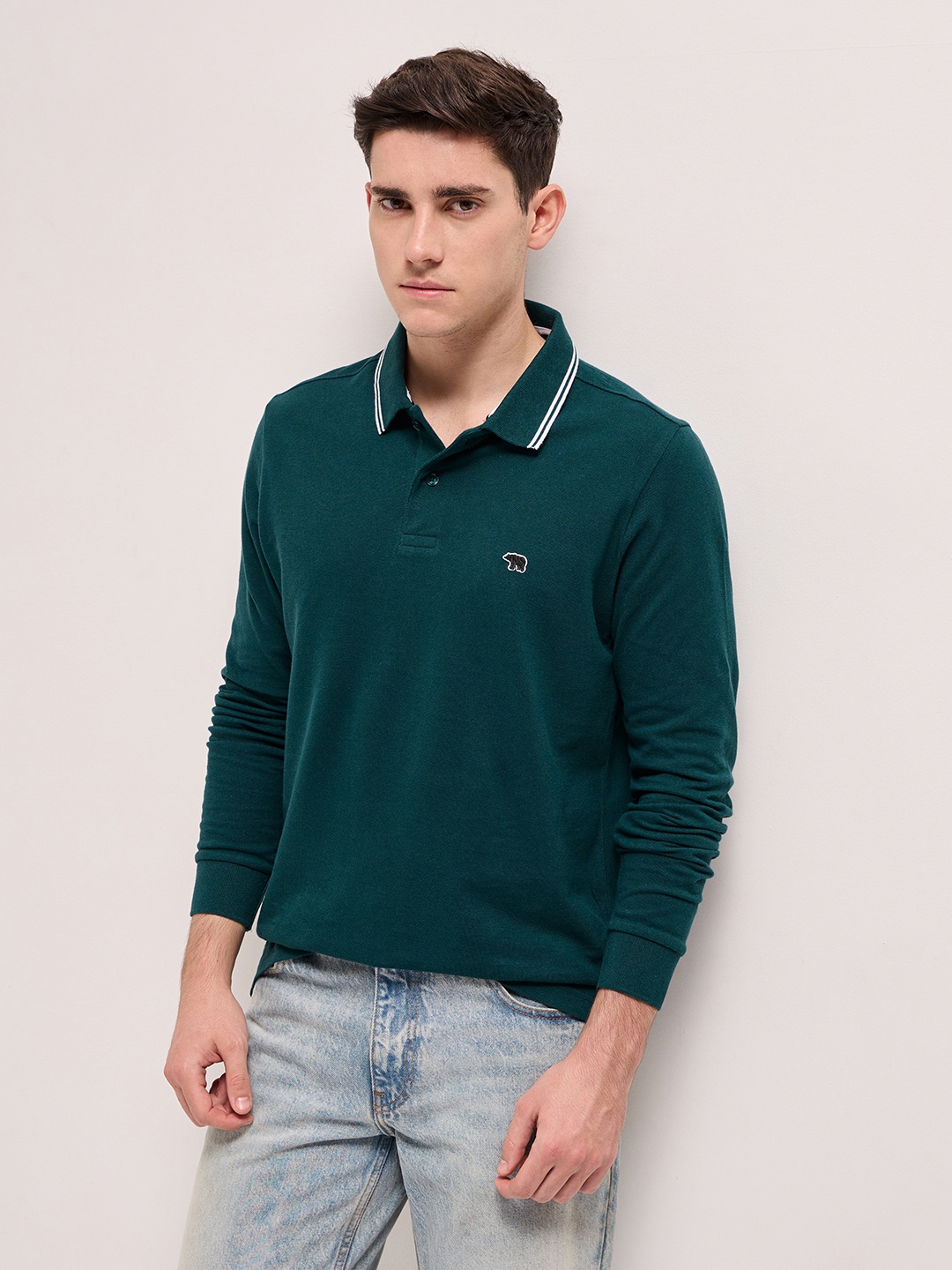 

THE BEAR HOUSE Pure Cotton Polo Collar Applique Slim Fit T-shirt, Green