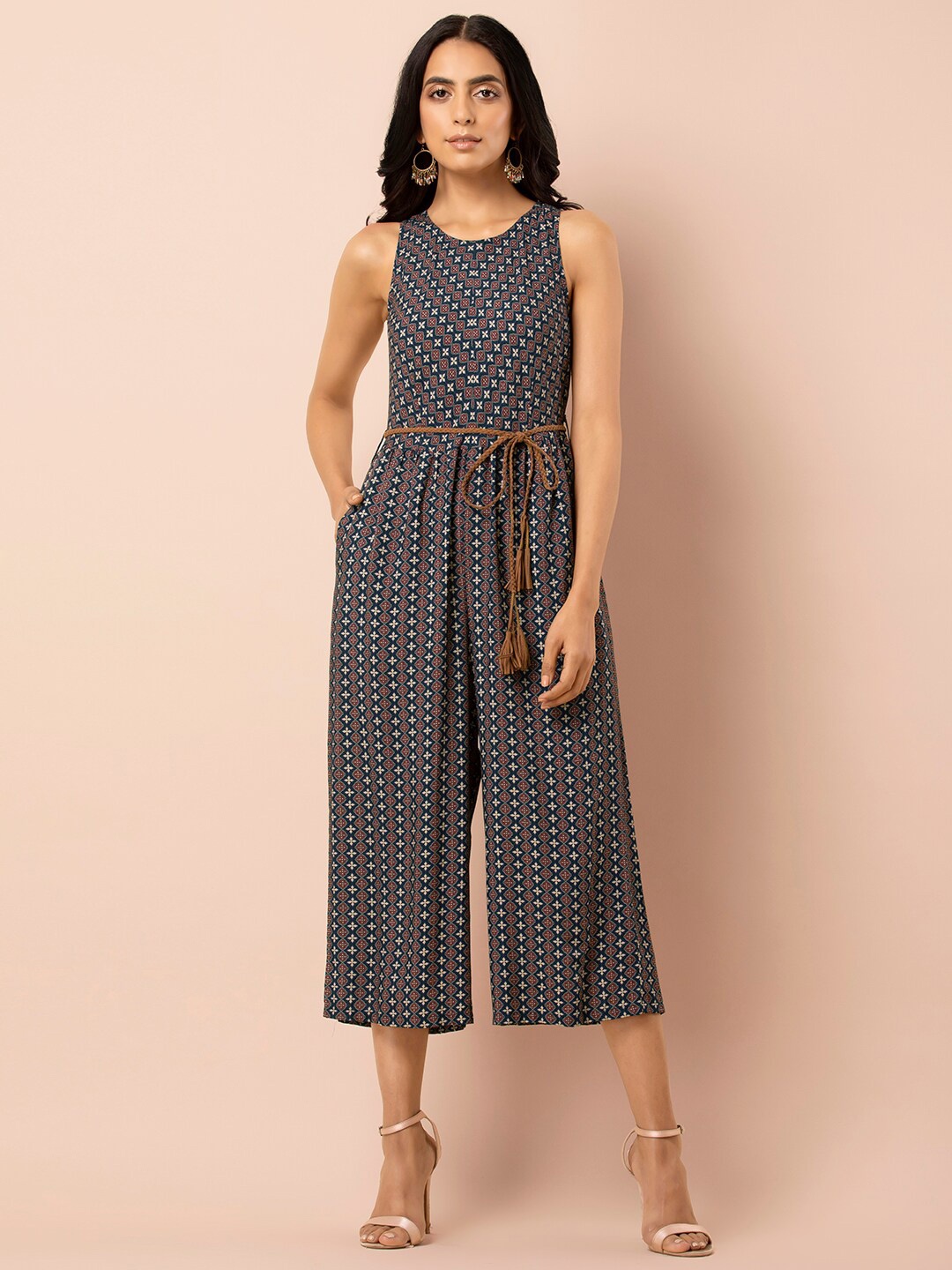 

INDYA Ethnic Motifs Printed Round Neck Waist Tie Ups Culotte Jumpsuit, Navy blue