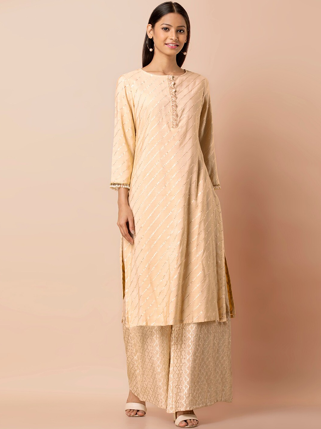 

INDYA Leheriya Printed Banarasi Chanderi Straight Kurta, Beige