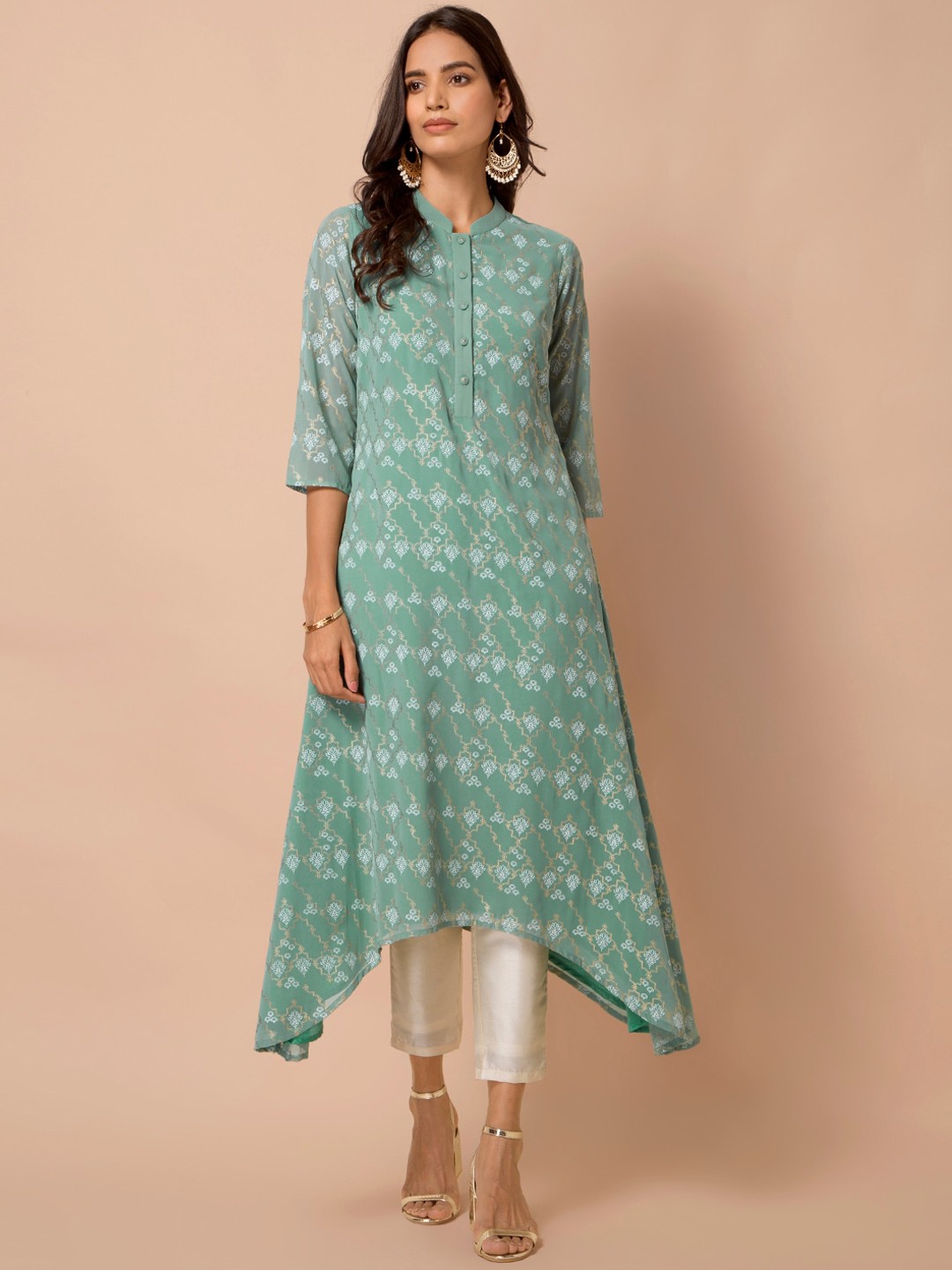 

INDYA Ethnic Motifs Printed Assymetric Hem A-Line Kurta, Green