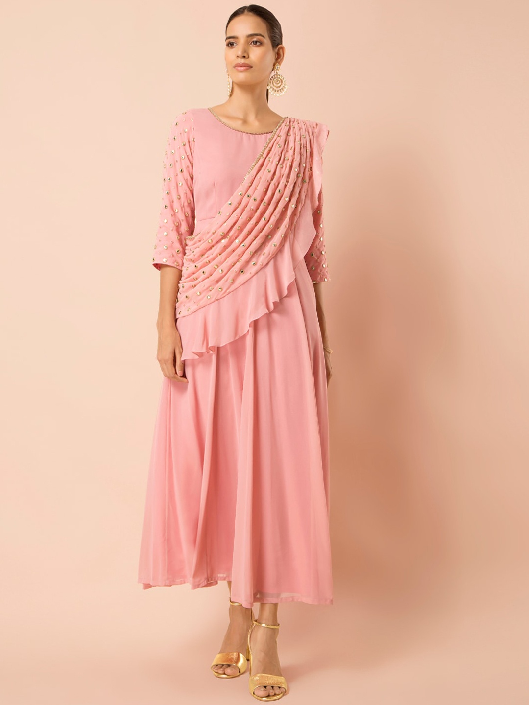 

INDYA Mirror Work Anarkali Georgette Kurta With Dupatta, Pink