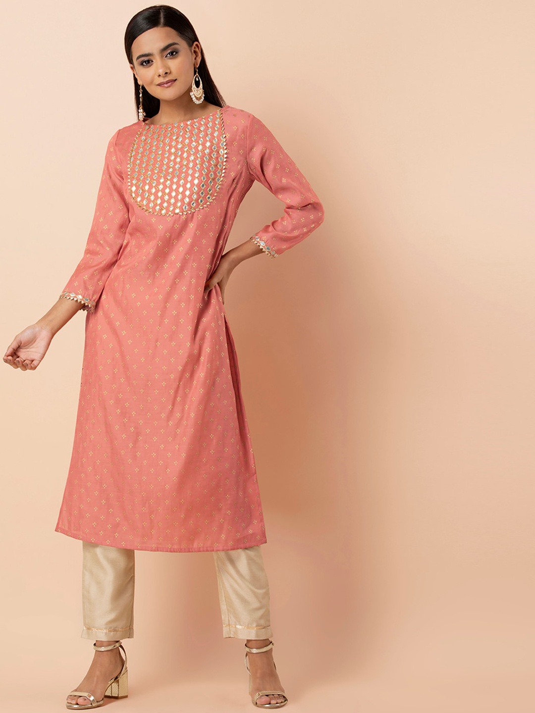 

INDYA Ethnic Motifs Printed Gotta Patti Straight Kurta, Peach